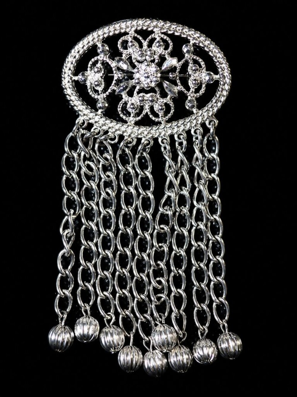 Mid Century Sara Coventry Brooch Floral Scrollwork Swinging Beads Silver Tone